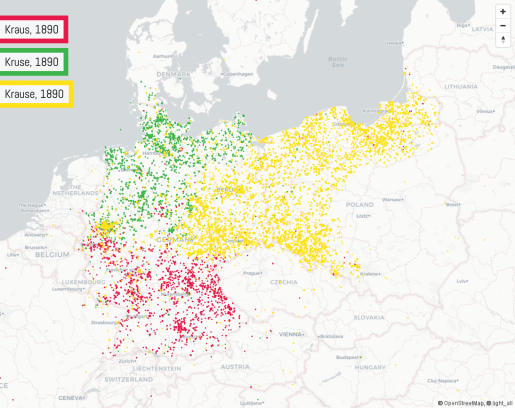 Namensverbreitungskarte: Kraus, Kruse und Krause