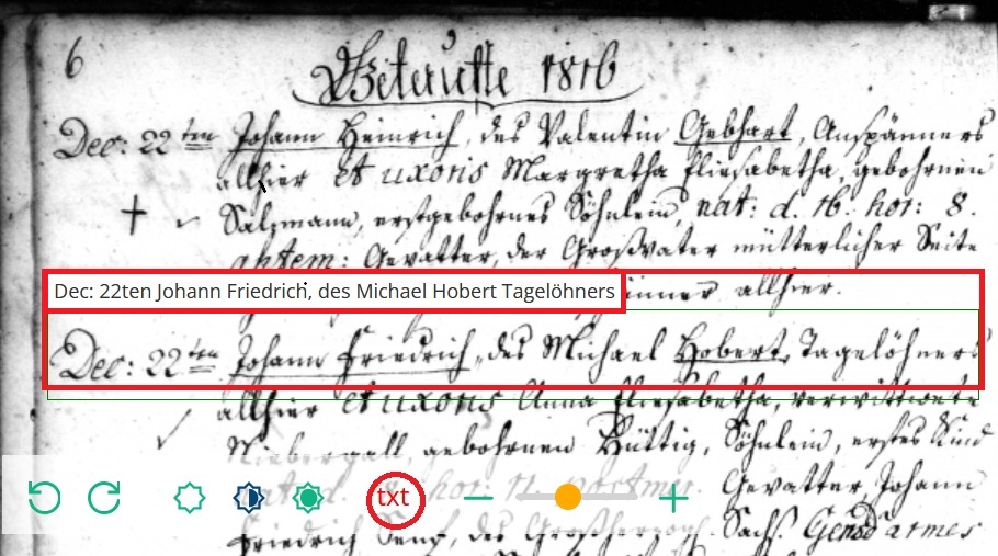 Beispiel für Texterkennung mit Transkribus beim Kirchenbuchportal Archion