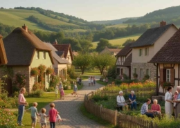 KI-generiertes Bild eines Dorfes mit Familien