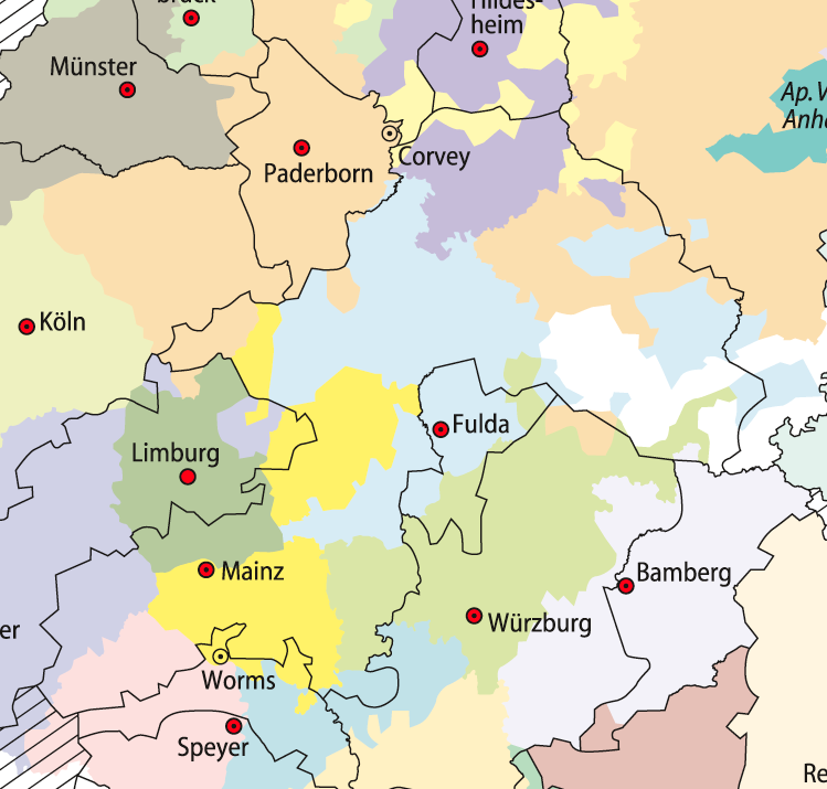 Karte der Erzdiözese Mainz vor 1821 (schwarze Grenzlinie) und des Bistums Mainz nach 1821 (gelbe Flächen)