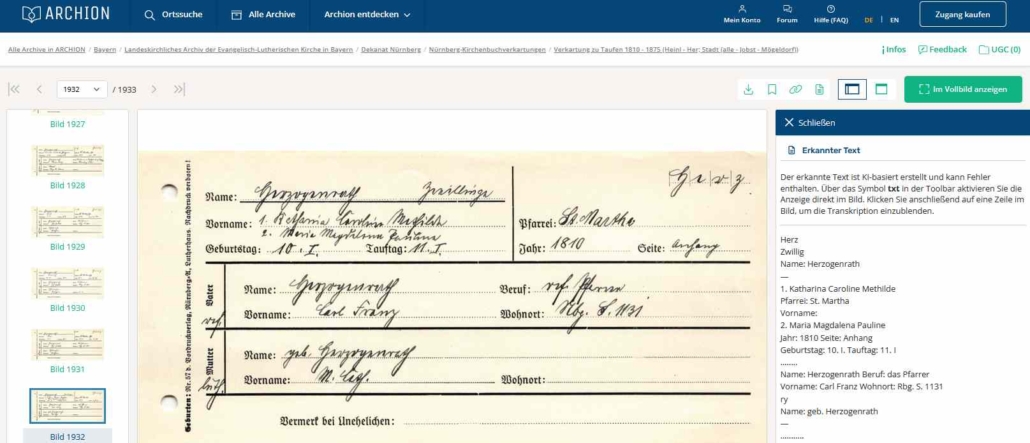Taufeintrag aus den verkarteten Nürnberger Kirchenbücher 1524–1875 bei Archion