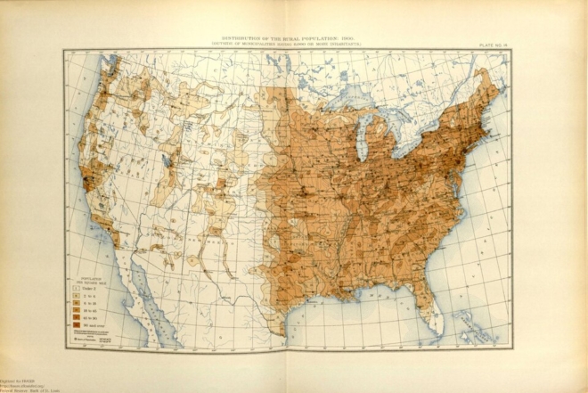 US-Bevölkerungsverteilung um 1900 mit dünner Besiedelung des amerikanischen Westens