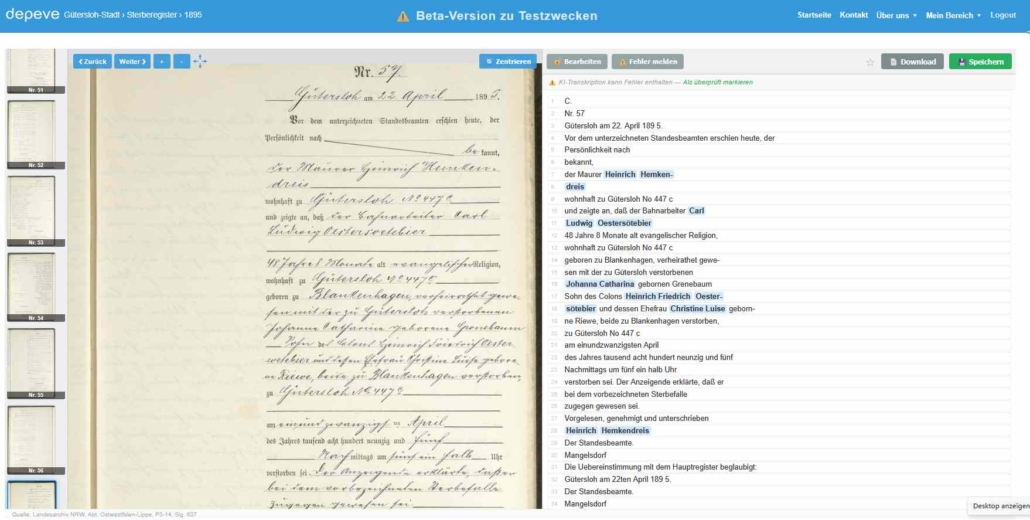 Mit KI transkribierte Sterbeurkunde im Deutsche Personenstandsverzeichnis – depeve